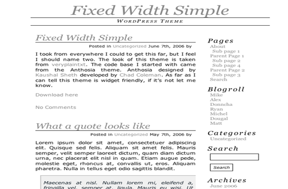 Fixed Width Simple WP Theme